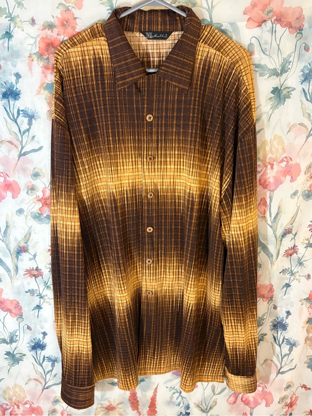 Vintage Casual Brown & Gold Striped Button-Down Shirt